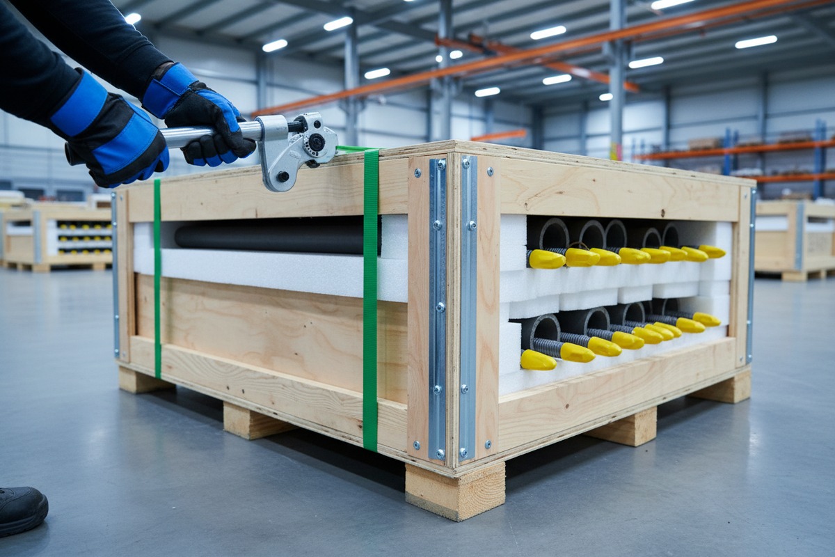 Strong sea freight packaging using ISPM-15 certified crates and reinforced plywood boxes (ID#2)