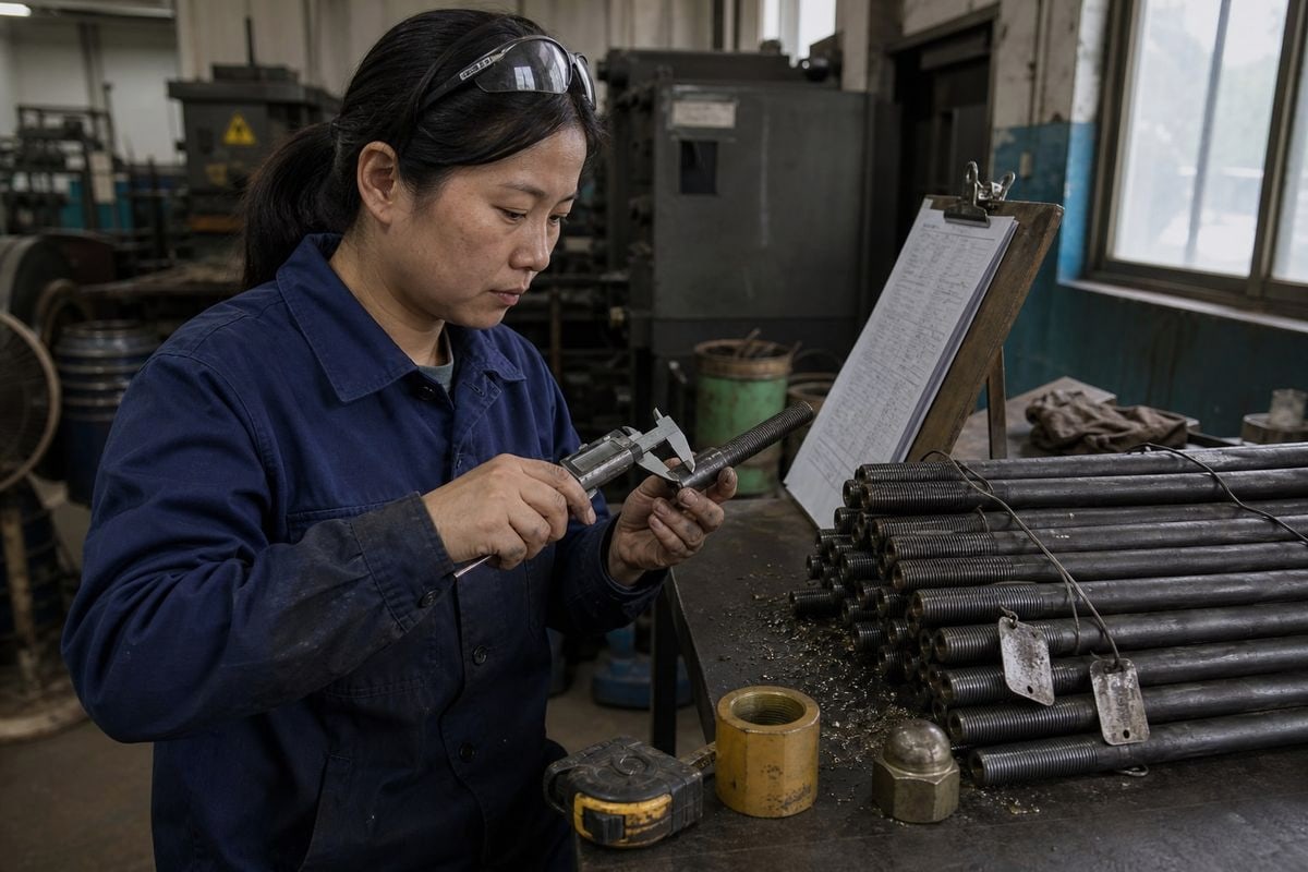 Dimensional and Material Verification Calibrated gauges checking dimensions and mill certificates verifying anchor bolt material traceability (ID#3)